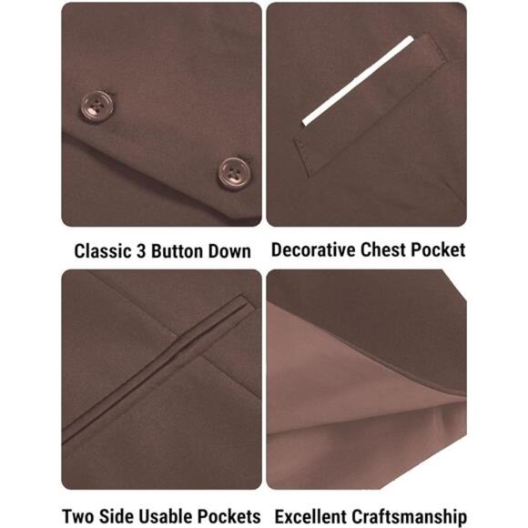 Men's Suit Vest Slim Fit Tuxedo Brown - Picture 5 of 5